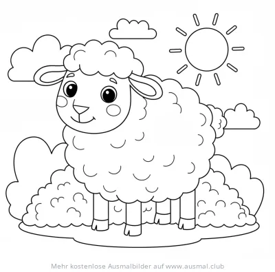 Freundliches Schaf Ausmalbild mit Sonne und Wolken