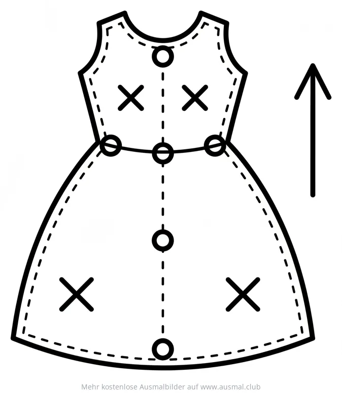 Kleid Ausmalbild mit Knöpfen und gestrichelter Nahtlinie