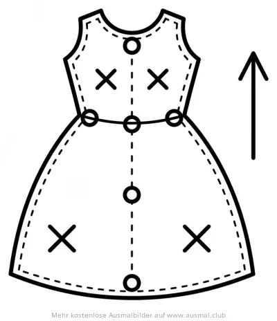 Kleid Ausmalbild mit Knöpfen und gestrichelter Nahtlinie