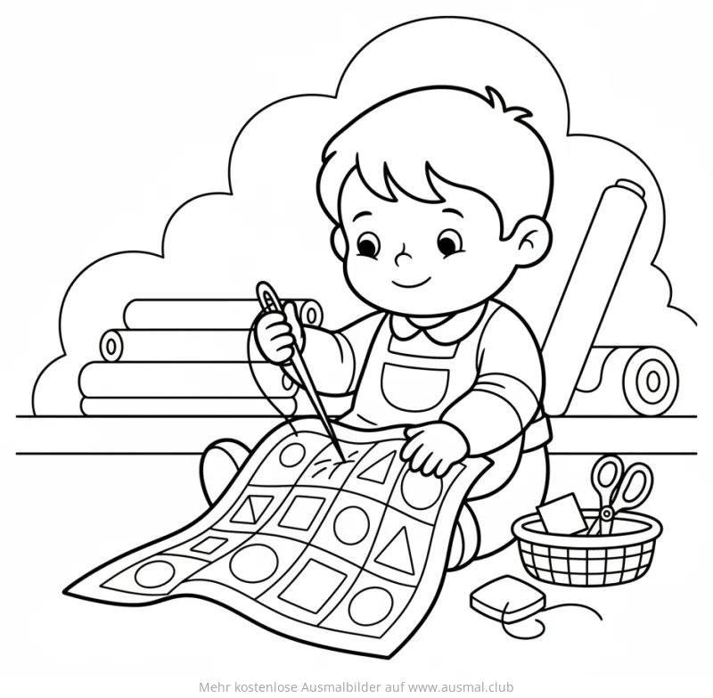 Kind näht Patchworkdecke Ausmalbild