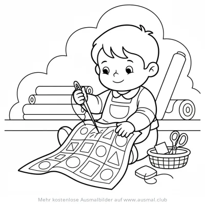 Kind näht Patchworkdecke Ausmalbild