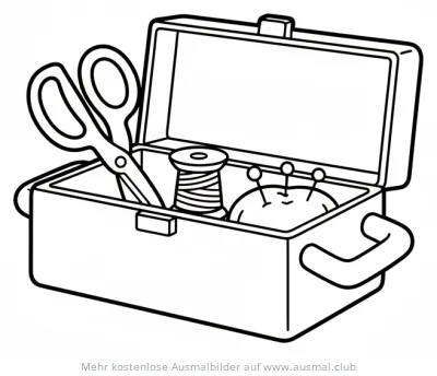 Nähkasten mit Schere, Garnrolle und Nadelkissen Ausmalbild
