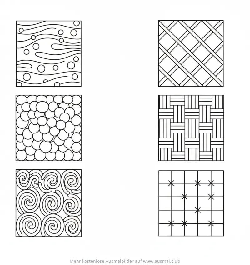 Stofftexturen Ausmalbild mit sechs verschiedenen Mustern