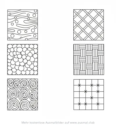 Stofftexturen Ausmalbild mit sechs verschiedenen Mustern