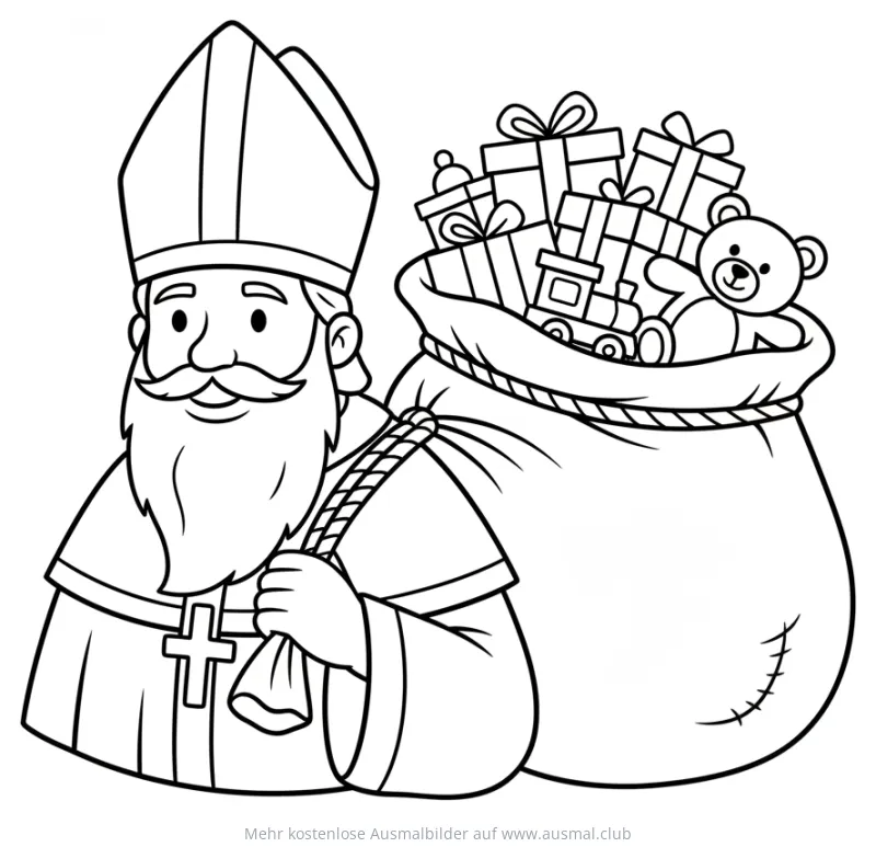 Nikolaus mit Geschenkesack Ausmalbild