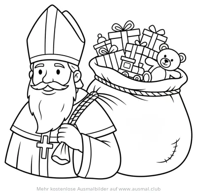 Nikolaus mit Geschenkesack Ausmalbild