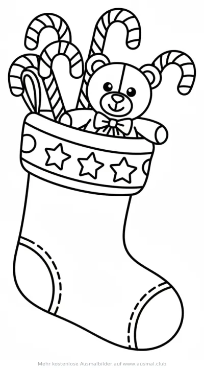 Nikolausstiefel mit Teddy und Zuckerstangen Ausmalbild