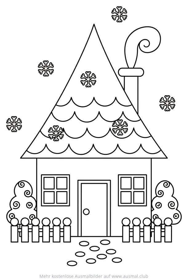Weihnachtshaus mit Schneeflocken Ausmalbild