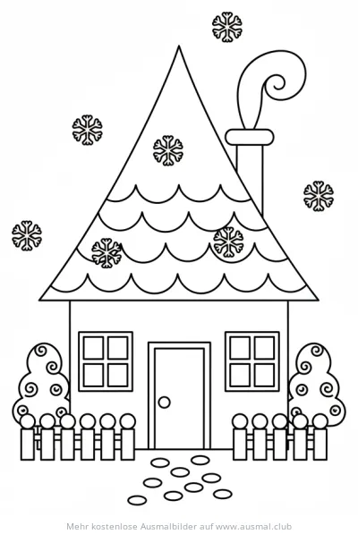 Weihnachtshaus mit Schneeflocken Ausmalbild