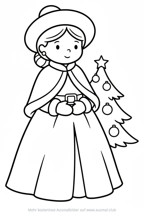 Frau Nikolaus mit Weihnachtsbaum Ausmalbild