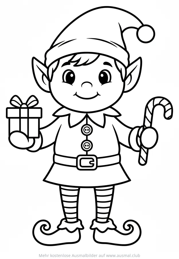 Weihnachtself mit Geschenk und Zuckerstange Ausmalbild