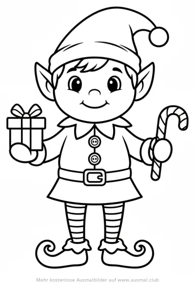 Weihnachtself mit Geschenk und Zuckerstange Ausmalbild
