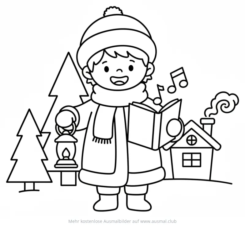 Nikolaus Ausmalbild: Weihnachtssänger mit Laterne und Noten