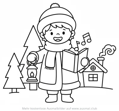 Nikolaus Ausmalbild: Weihnachtssänger mit Laterne und Noten