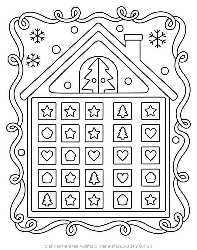 Adventskalender Haus mit 24 Türchen Ausmalbild