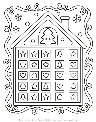 Adventskalender Haus mit 24 Türchen Ausmalbild