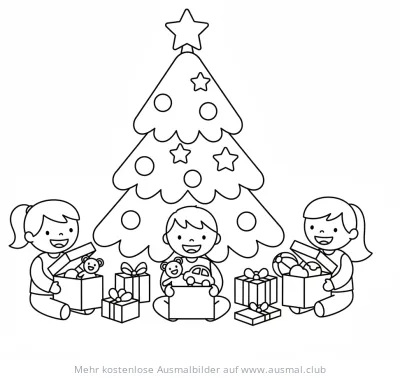 Kinder packen Geschenke unter Weihnachtsbaum Ausmalbild