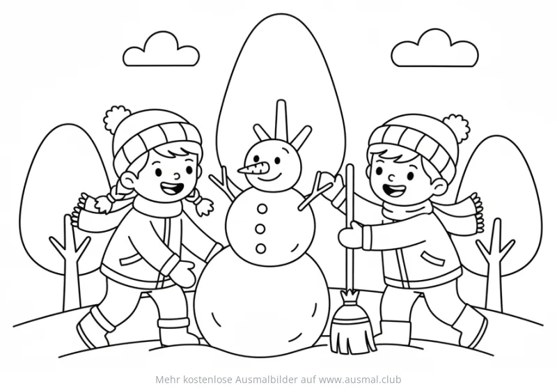 Zwei Kinder bauen einen Schneemann Ausmalbild