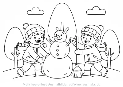Zwei Kinder bauen einen Schneemann Ausmalbild