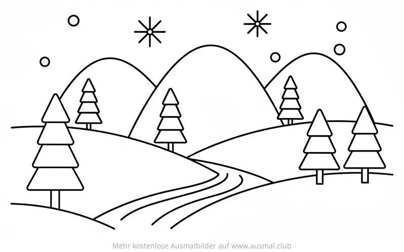Winterlandschaft Ausmalbild mit Tannenbäumen und Bergen