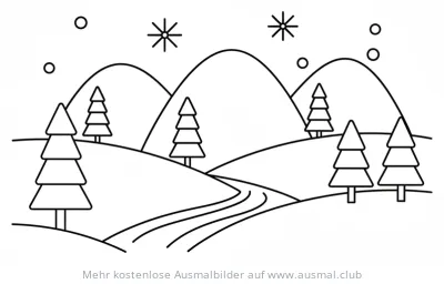 Winterlandschaft Ausmalbild mit Tannenbäumen und Bergen