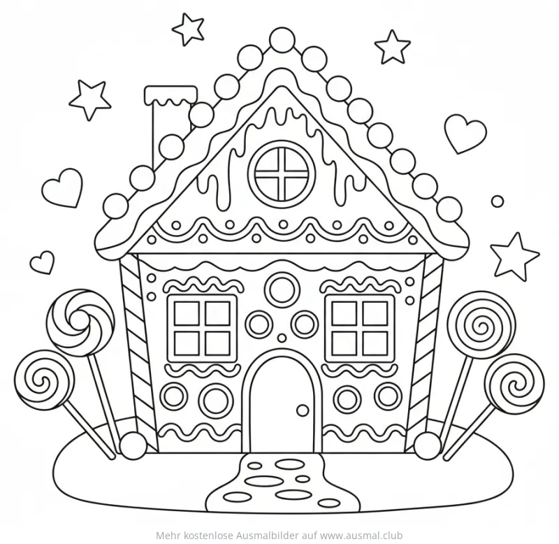 Lebkuchenhaus Ausmalbild mit Süßigkeiten und Sternen