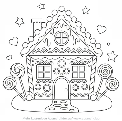 Lebkuchenhaus Ausmalbild mit Süßigkeiten und Sternen