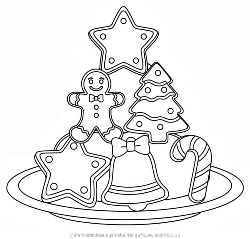 Plätzchenstapel mit Lebkuchenmann, Stern, Tannenbaum, Glocke und Zuckerstange Ausmalbild