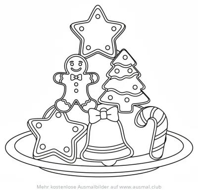 Plätzchenstapel mit Lebkuchenmann, Stern, Tannenbaum, Glocke und Zuckerstange Ausmalbild