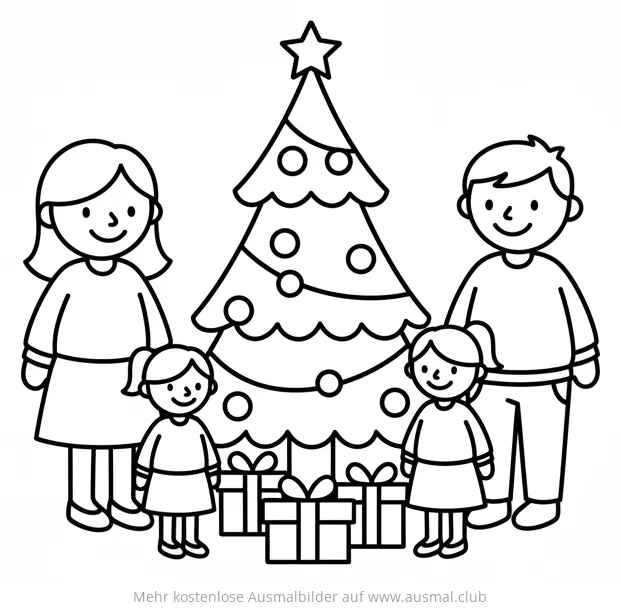 Nikolaus Ausmalbild: Familie mit Weihnachtsbaum und Geschenken