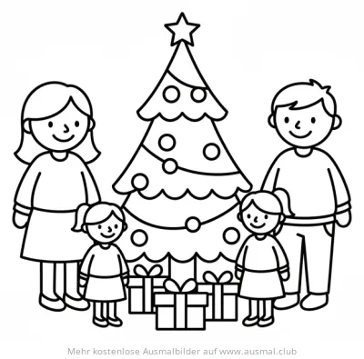 Nikolaus Ausmalbild: Familie mit Weihnachtsbaum und Geschenken