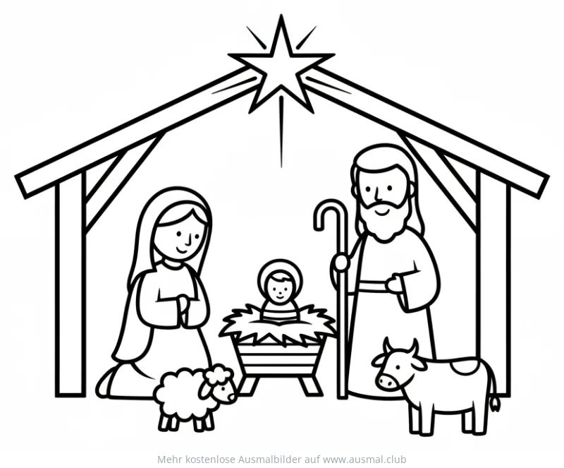 Krippe mit Maria, Josef, Jesuskind, Schaf und Kuh Ausmalbild