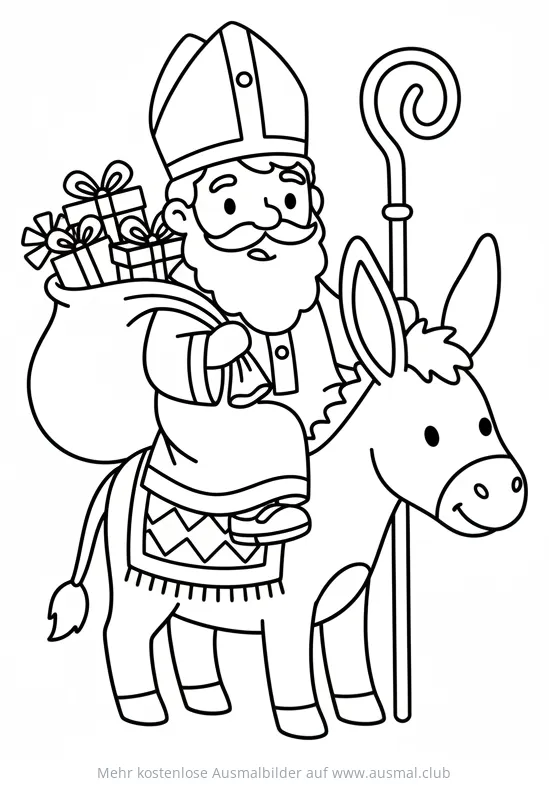 Nikolaus reitet auf Esel mit Geschenkesack Ausmalbild