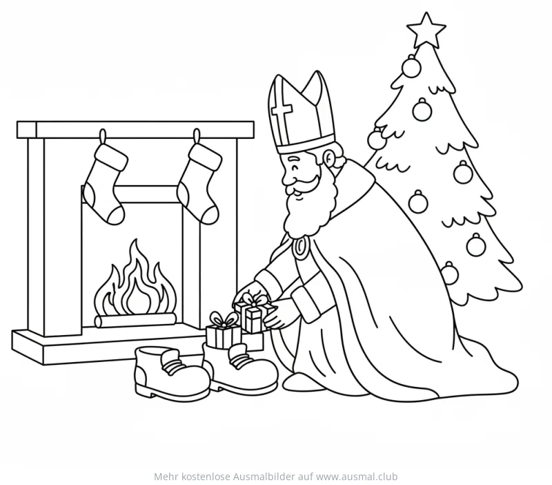 Nikolaus beim Befüllen der Stiefel Ausmalbild