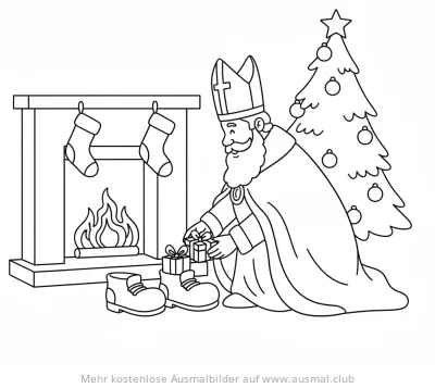 Nikolaus beim Befüllen der Stiefel Ausmalbild
