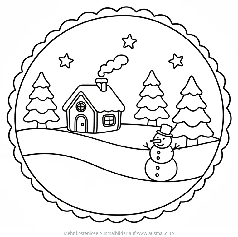 Weihnachtsszene mit Haus, Schneemann und Tannen Ausmalbild