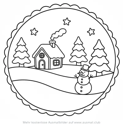 Weihnachtsszene mit Haus, Schneemann und Tannen Ausmalbild