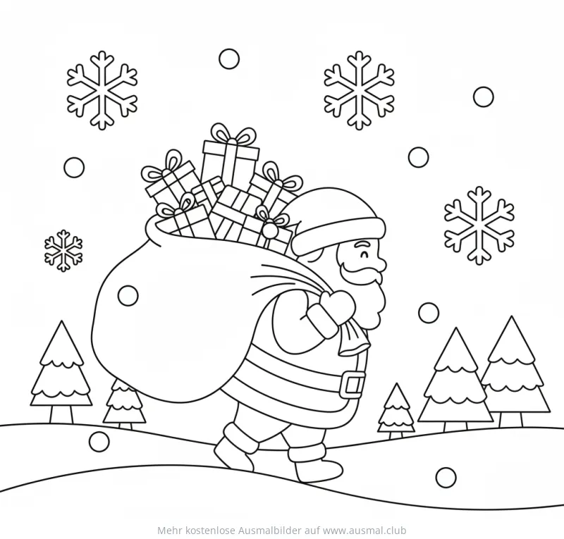 Nikolaus mit Geschenkesack im Schnee Ausmalbild