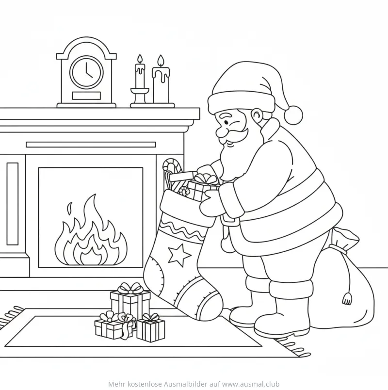 Nikolaus füllt Nikolausstiefel vor Kamin Ausmalbild