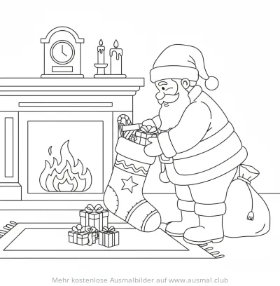 Nikolaus füllt Nikolausstiefel vor Kamin Ausmalbild