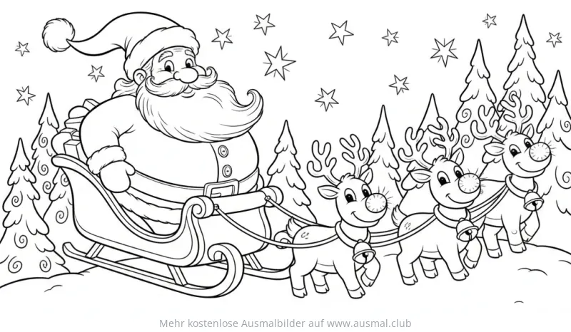 Nikolaus im Schlitten mit Rentieren Ausmalbild