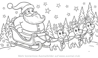 Nikolaus im Schlitten mit Rentieren Ausmalbild