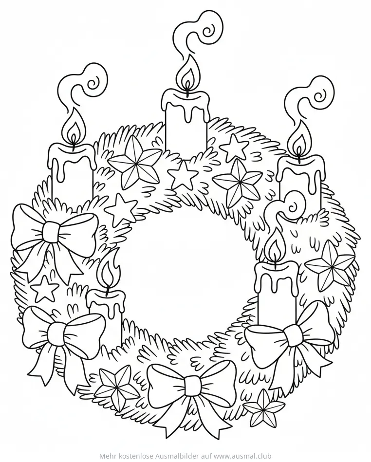 Adventskranz mit Kerzen, Sternen und Schleifen Ausmalbild