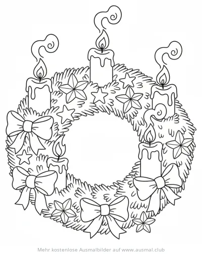 Adventskranz mit Kerzen, Sternen und Schleifen Ausmalbild