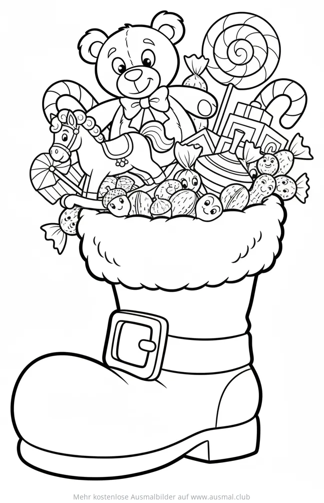 Nikolaus Stiefel gefüllt mit Süßigkeiten und Spielzeug Ausmalbild