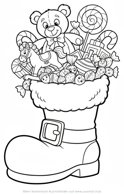 Nikolaus Stiefel gefüllt mit Süßigkeiten und Spielzeug Ausmalbild