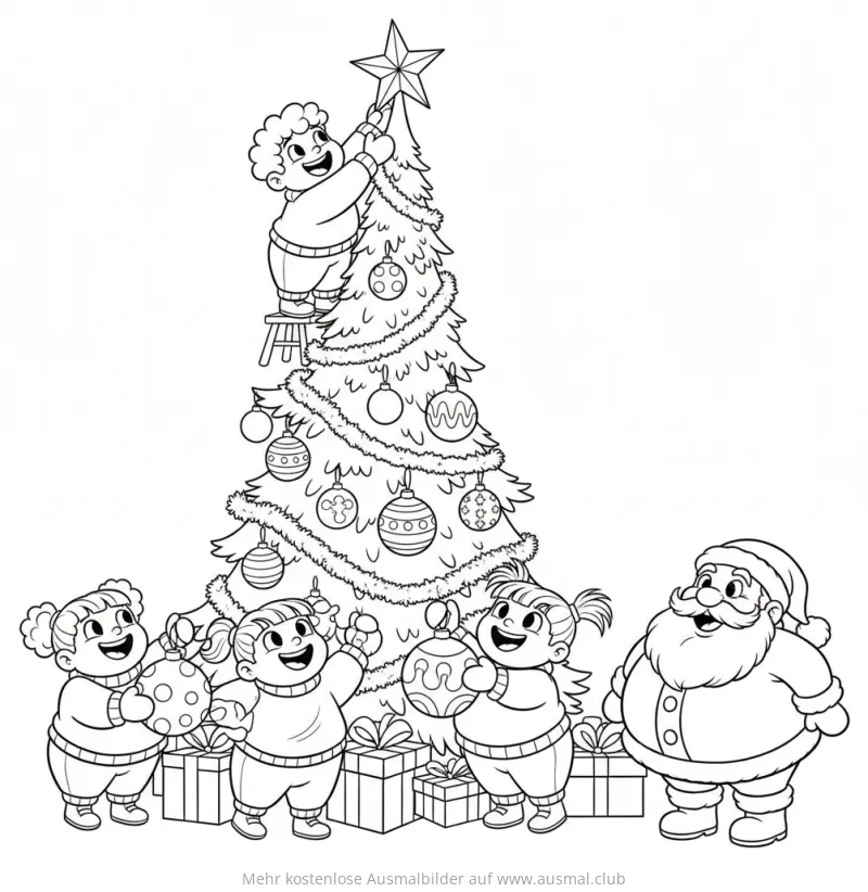 Kinder schmücken Weihnachtsbaum Ausmalbild mit Nikolaus