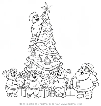 Kinder schmücken Weihnachtsbaum Ausmalbild mit Nikolaus