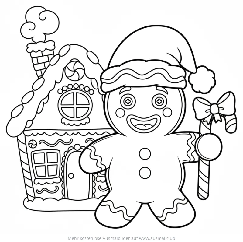 Lebkuchenmann mit Lebkuchenhaus Ausmalbild