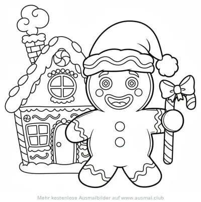 Lebkuchenmann mit Lebkuchenhaus Ausmalbild